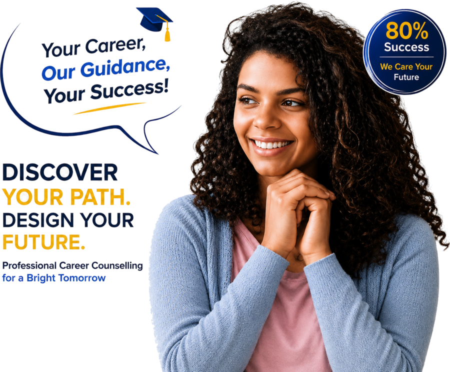 Smiling counsellor graphic with the message: Your Career, Our Guidance, Your Success — 80% success rate, we care your future